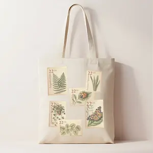 Botanical Stamp Vintage Graphic Tote Bag - 100% Cotton Canvas, Machine Washable, 15" x 16", Double Straps, Reusable, Plants, Garden, Gardener, Cute,
