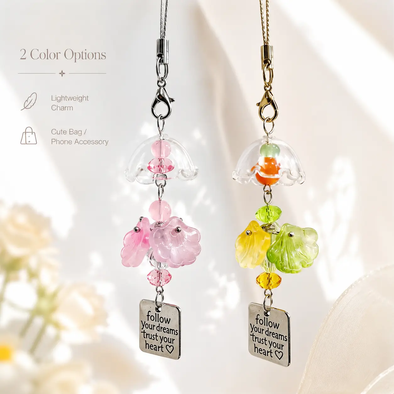 Women's Resin Acrylic Floral Bead Phone Charm Keychain - Transparent Flower Dangle Bag Charm with Inspirational Quote Pendant, Lobster Clasp, Cute Lightweight Accessory for Purse, Keys, Birthday Gifts, Flower Layering, Length 5-6", All Seasons