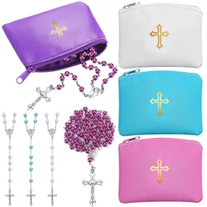 8/12 PCS Mother's Day First Communion Rosary Pouch with Catholic Rosary Beads Necklace Set Rosary Case with Cross Imprint PU Leather Rosary Bag Portable Religious Holder Baptism Confirmation Souvenir for Travel Religious Gifts for Christian Family Church