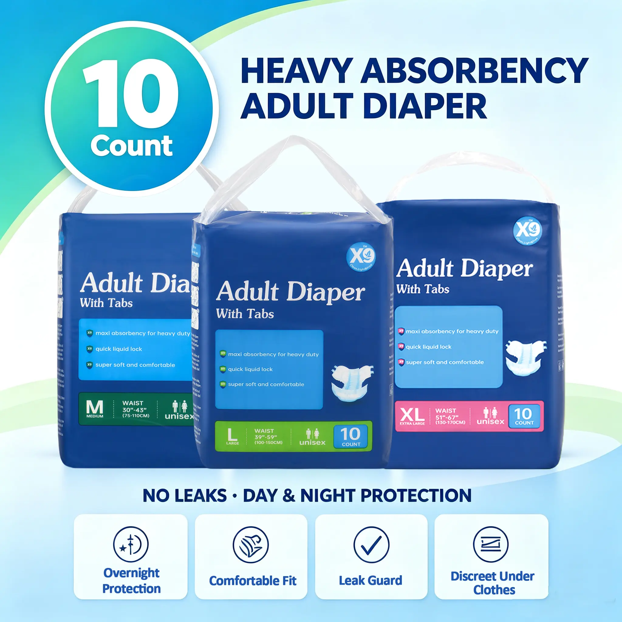 X9 Adult Diapers with Adjustable Tabs, Super Absorbent Incontinence Briefs with 8HR Odor Control, Leakproof & Snug Fit Nocturnal Protection for Seniors and Post-Op Recovery