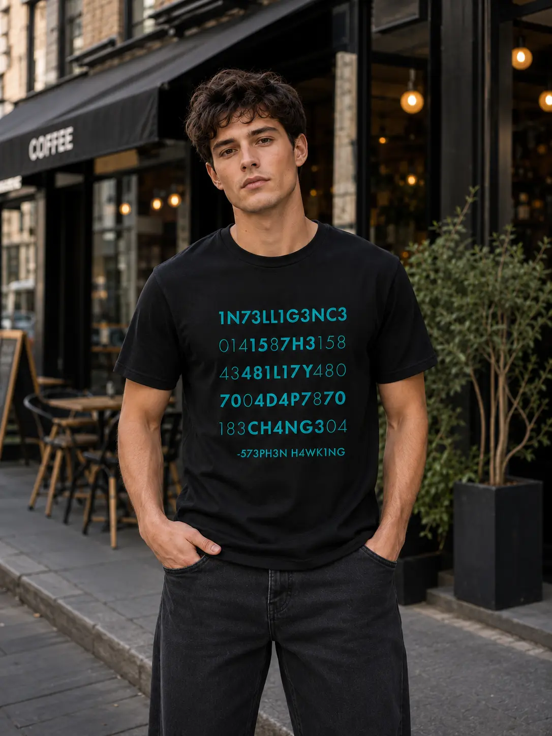 [Back to School] Men's Cotton-Blend Short-Sleeve Casual T-Shirt - Menswear Top with Funny Stephen Hawking "Intelligence is The Ability to Adapt to Change" Quote Novelty Tee, Tshirt, Shortsleeve, Round Neck, Foldable, Clothes, Graphic T Shirts, Relaxed Fit