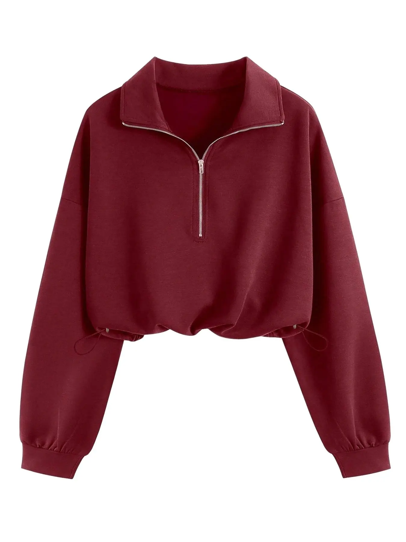 YF Solid Knit Short Crop Top Half Zipper Stand Collar Oversized Loose Long Sleeve Drawstring Waist Sweatshirt for Ladies Athleisure Street Outfit Womenswear Adjustable Black Casual Cropped Elastic Gym Jeans Jogger Knitwear