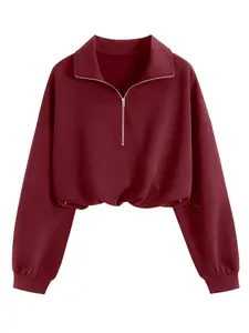 YF Solid Knit Short Crop Top Half Zipper Stand Collar Oversized Loose Long Sleeve Drawstring Waist Sweatshirt for Ladies Athleisure Street Outfit Womenswear Adjustable Black Casual Cropped Elastic Gym Jeans Jogger Knitwear
