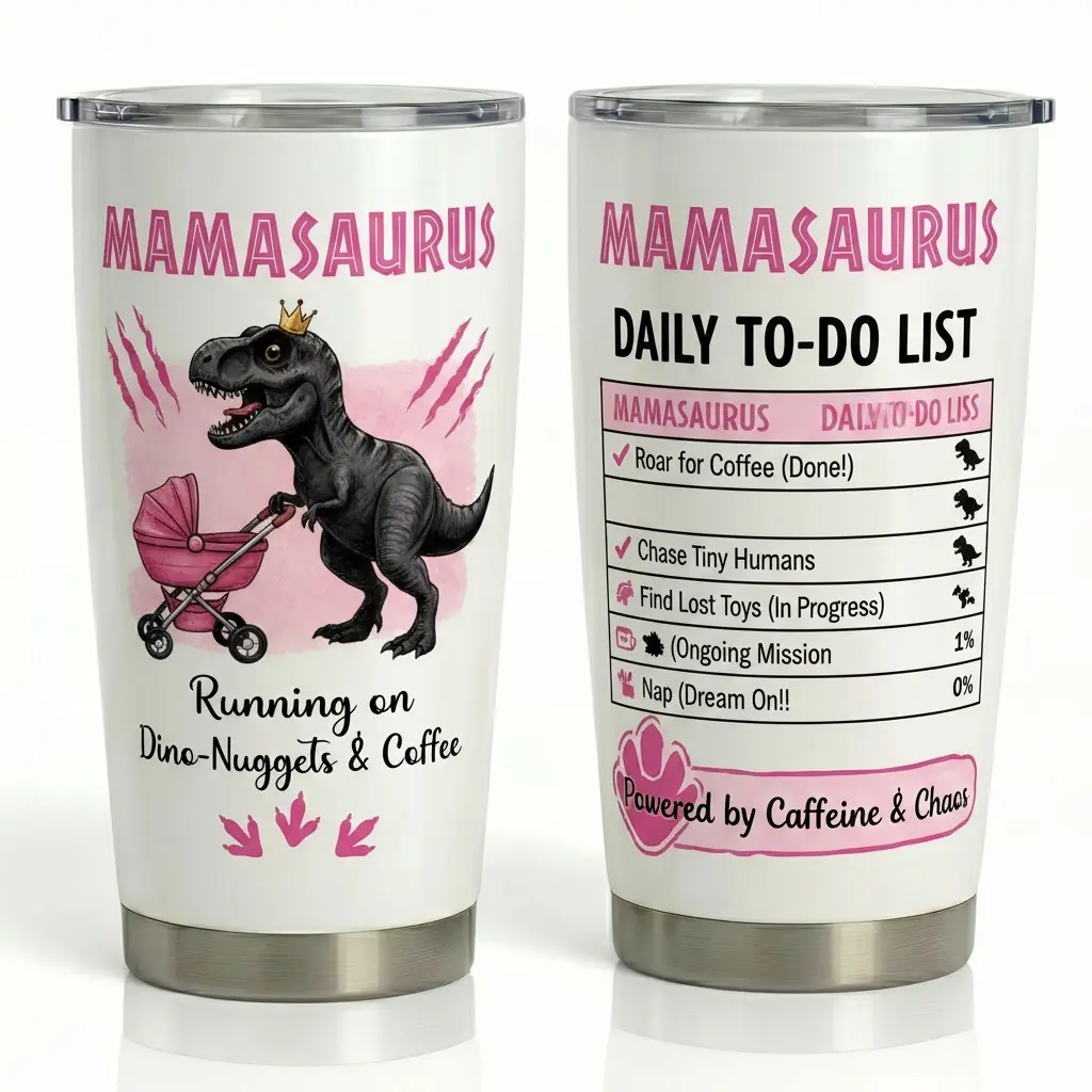 Mamasaurus 20oz Stainless Steel Insulated Tumbler - Portable Vacuum Flask with Lid, Showcasing a Watercolour Dinosaur Mom Pushing Stroller, 'Running on Dino-Nuggets & Coffee' Phrase, Funny Daily To-Do List with Tasks like Roar for Coffee and Chase Ti