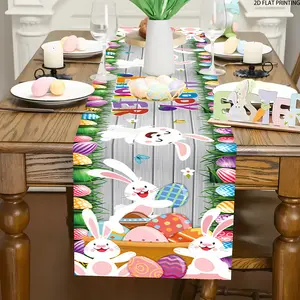 2D flat printing, 1-piece Easter decorative table flag, 72 inches x 13 inches, 47 inches x 13 inches, 35.5 inches x 13 inches, Easter party table decoration table flag, rabbit and Easter egg pattern home kitchen decoration