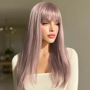 SMILCO/24Inch Pink Long Straight Synthetic With Bangs Synthetic Wig/SM8022