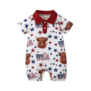 Baby 4th of July Romper USA Highland Cow Star Print Short Sleeve Polo Lapel Onesie Summer Patriotic Independence Day Bodysuit Jumpsuit For Infant Unisex Baby Boys Girls