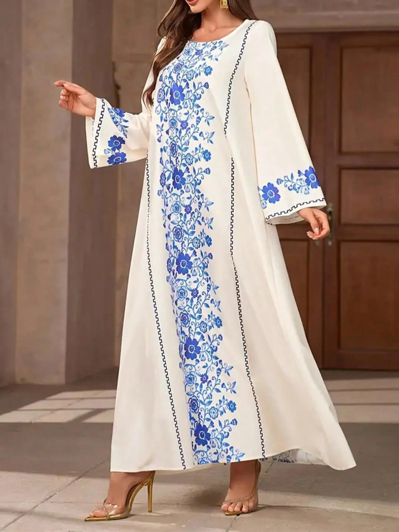 Women's Floral Print Long Sleeve Dress, Modest Dress, Modesty Muslim Clothing, Elegant Round Neck Dress for Daily Wear, Ladies Islamic Clothing for All Seasons