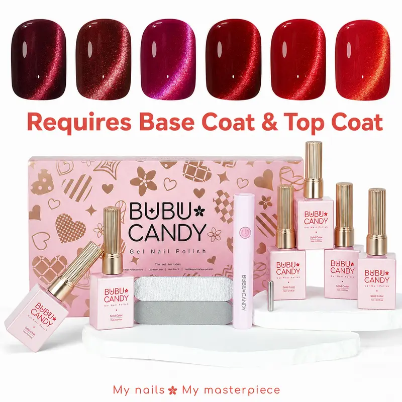 BUBU CANDY M's Pick Pink & Red Gel Polish Set, 6PCS 15ML Cherry Ruby Cat Eye Colors, HEMA & TPO-Free Kit with LED Lamp & Nail Files