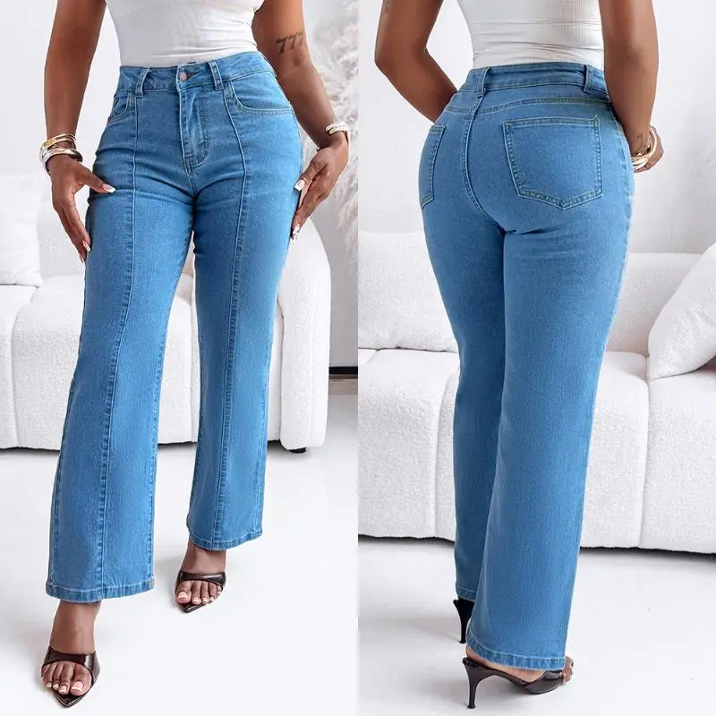 CHICME Seam Front High Wait Straight Leg Denim Pants Casual Zipper Fly Jeans With Pockets