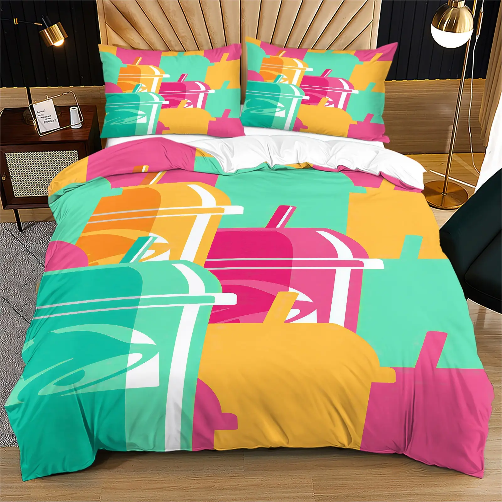 Retro Pop Style Bedding Set with Geometric Abstract Design, Super Comfortable and Soft, Includes Duvet Cover and Pillowcases
