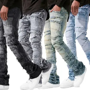 2025 New Stacked Jeans Men Patchworks Spliced Denim Ripped Wash Frayed Pants Male's Streetwear Men‘s Tassel motorcycle jeans