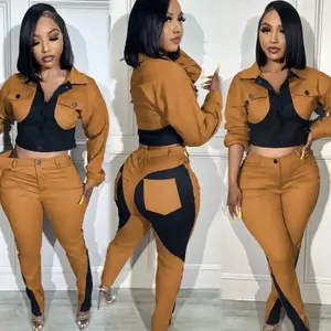 Women's Set Patchwork Full Sleeve Button Fly Jacket and Straight Pants Suit 2025 Street Two 2 Piece Set Outfit Tracksuit Can be used with a raincoat