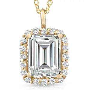 3 1/2 Ct Emerald Moissanite & Lab Grown Diamond Halo Pendant 14k Gold Necklace