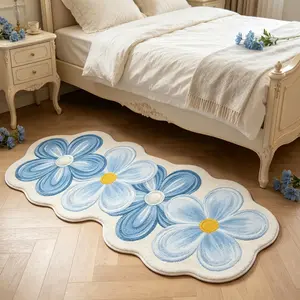 Soft Blue Gradient Floral Rug, Irregular Shape Bedroom Bedside Mat, Hand Wash Only, Ideal for Living Room, Bathroom, Kitchen Decor