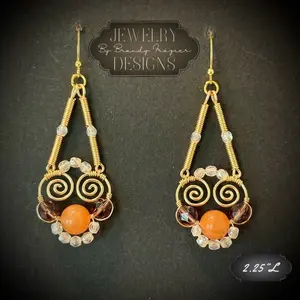 Brandy Frazier Handmade Beaded Wire Wrapped Earrings in caramel aventurine & fire polished Czech Glass Beads in purple and clear iridescent Hypoallergenic gold plated Jewelry 2.5" Length
