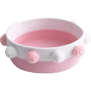 Small Pink Basket with Pom Pom, 10.6" x 9.8" x 4.3" Cute Woven Oval Decorative Baskets for Girl, Women,Empty Gift Basket to Fill for Valentine's Day, Shower, Easter, Wedding
