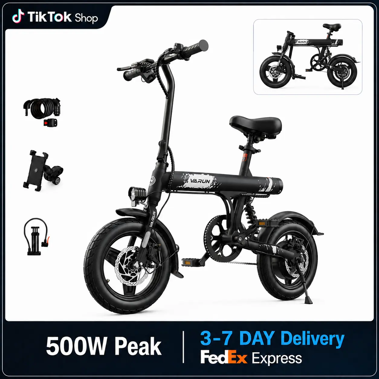 VARUN C14-1 Folding Electric Bike for Adults, 500W Peak Motor, 20MPH, 25+ Mile Range, 14-Inch Urban Commuter Ebike with Hidden Battery, Dual Disc Brakes and Suspension,UL Certified, Ideal for Back-to-School Travel