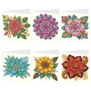 5D Diamond Arts Colorful Painting Greeting Card Kit, 6 Counts/set DIY Flower Pattern Greeting Card with Envelope, DIY Decorative Card for Birthday Holiday Celebrations
