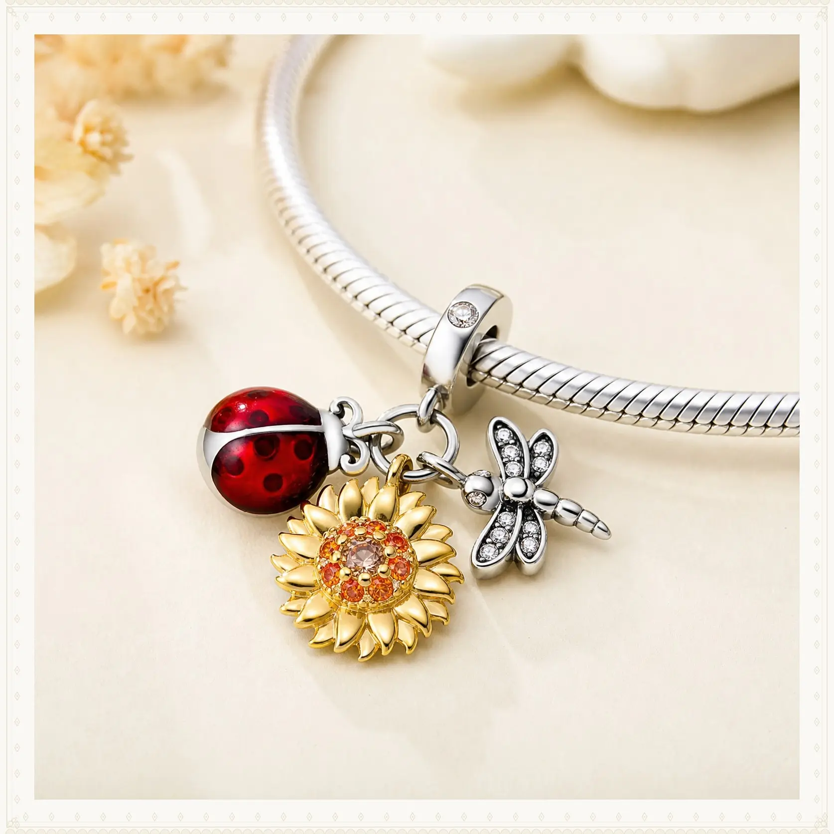 MULA 925 Silver-Plated Whimsical Sunflower-Ladybug-Dragonfly Charm with Dragonfly Wing, Auspicious Plant-Animal Pendant, Fits Pandora Bracelets & Necklaces, Nature Jewelry Gift, Animals, Valentines Day, Charms & Pendants