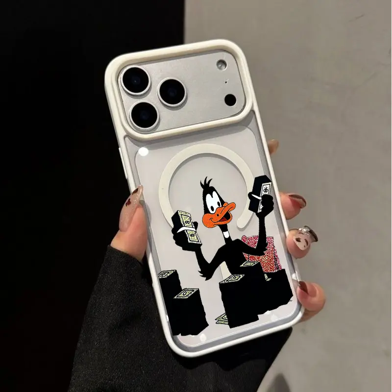 Black Duck Holding Cash Pattern Macaron Magnetic Phone Case Supports Wireless Charging for iPhone 17 Air 16 15 14 Pro Max 13 12 11 Samsung Galaxy S26 S25 Ultra S24 S23 Plus Shockproof  Protection  Acrylic phone case