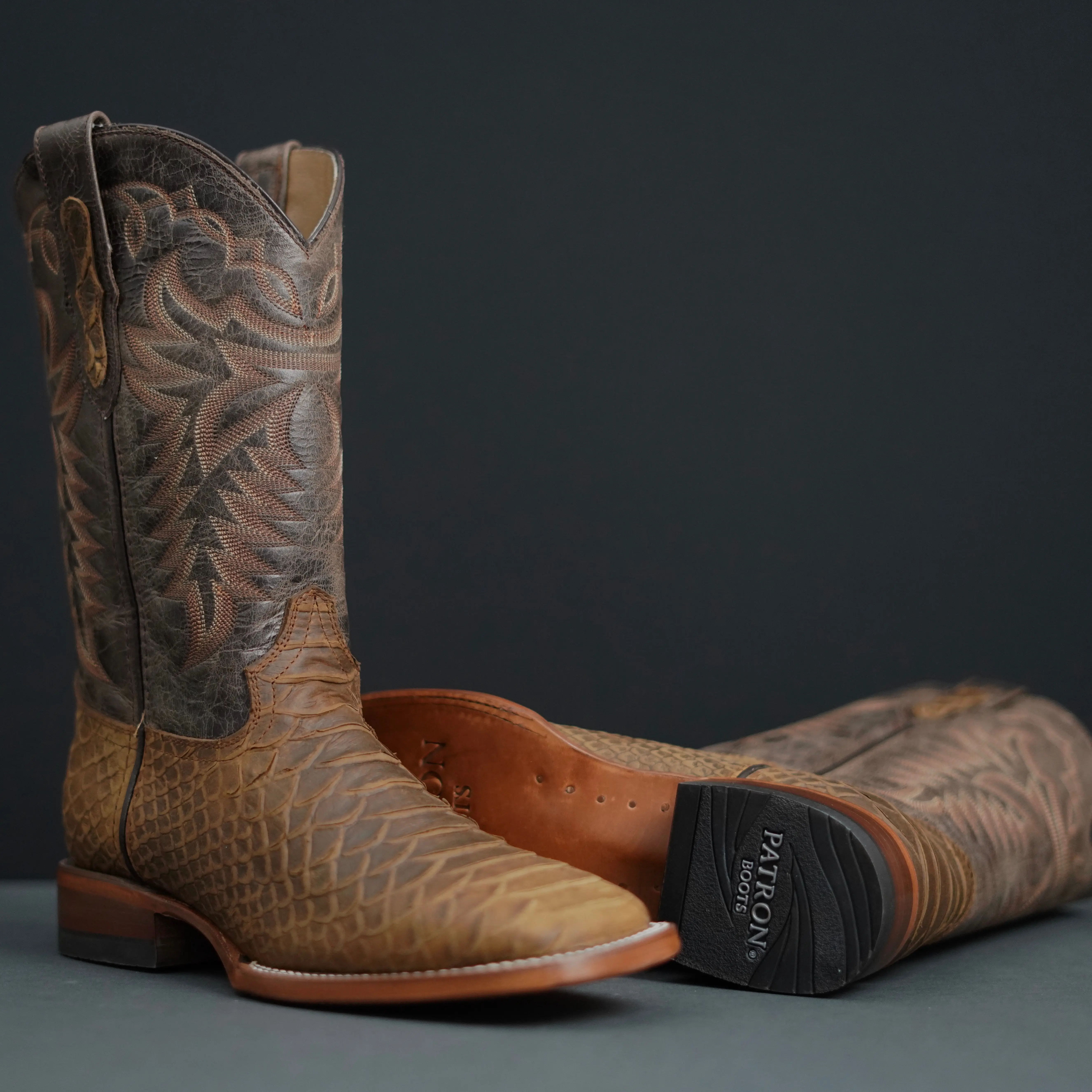 063 Jumbo Tan Mens Western Style Boots Leather Square Toe Snake Print Cowhide