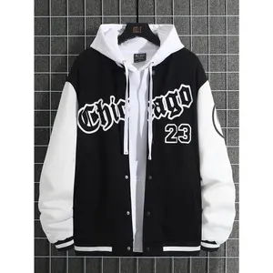 Loose Fit Men's Two-Tone Varsity Baseball Jacket Without Hoodie, Letter Graphic Design, Going Out Hooded Letter Long Sleeve Jacket Casual Color Block Jacket, For Friends, Husband, Boyfriend Gifts