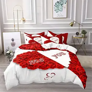 Heart Rose Print Decorative Bedding Set, Soft Breathable Polyester Fabric, All-Season Use, Includes 1 Fitted Sheet + 2 Pillowcases