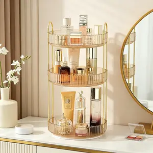 New 360° Rotating Makeup Organizer 3 Tiers Green/White/Gold Vanity Shelf with 12-Slot Lipstick Holder Collapsible Stackable Storage Boxes for Makeup Perfume Skincare - Room 3Tiers-Gold  3Tiers-White bathroom organizer