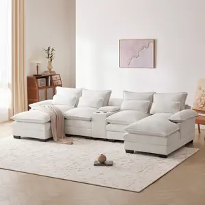 Modern U-Shaped Sofa Couch with Console, Cupholders and USB Ports,6-seat Upholstered Symmetrical Indoor Furniture,Sleeper Couch Set with Chaise for Living Room,Apartment, 123*55"
