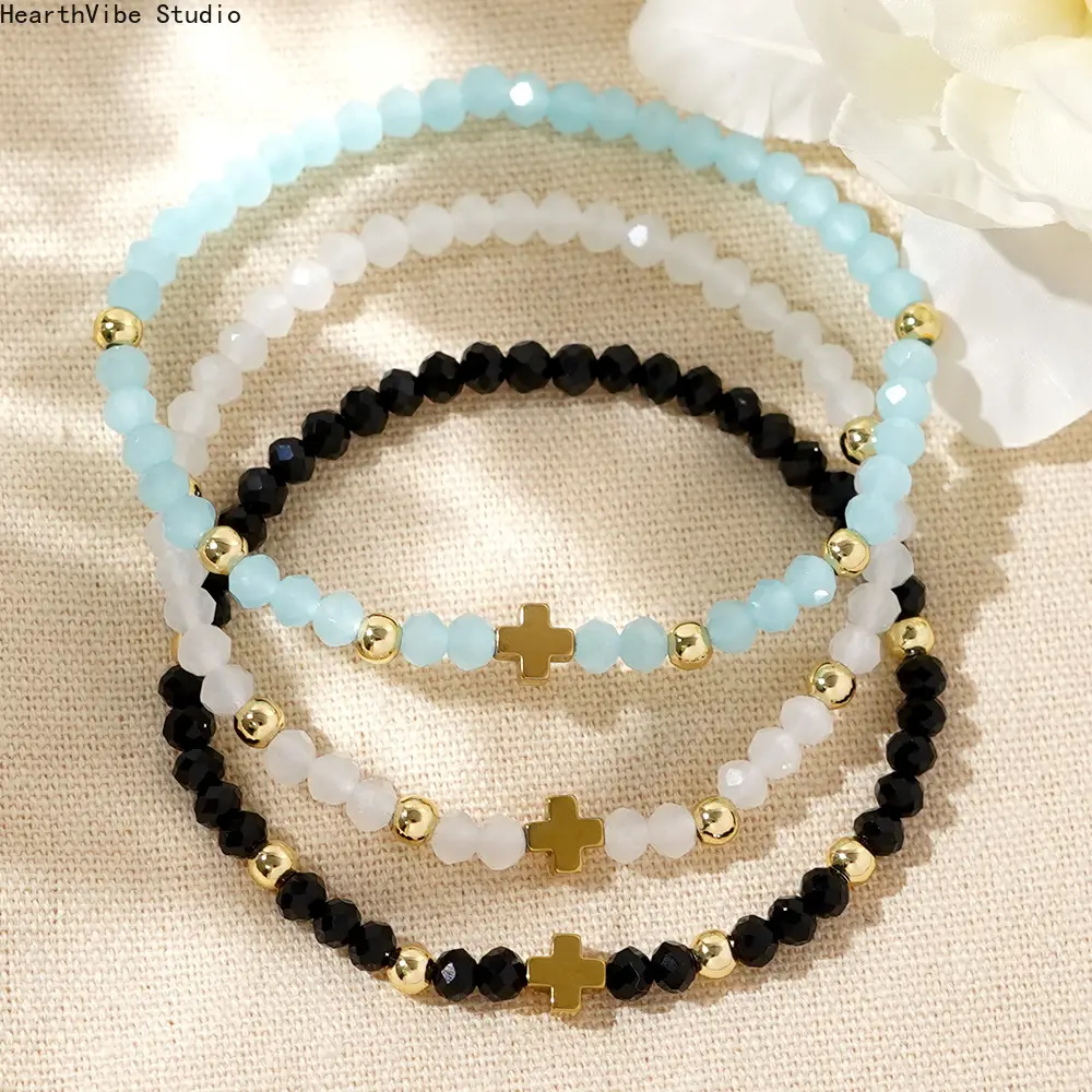 Bohemian Cross Beaded Bracelet - Dainty Sporty Sports Wristband, Multicolor Crystal Beads, Adjustable Cross Charm, Religious Jewelry Gift, Dainty Sports Wristbands