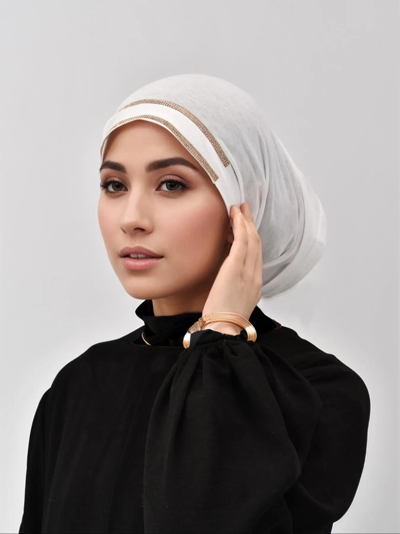 Women's Solid Color Double Row Rhinestone Decor Instant Hijab, Modest Fashion Breathable Hijab for Daily Wear, Women's Islamic Clothing for All Season