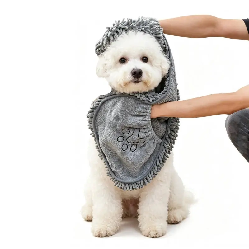Doggy Dryer, Highly Absorbent Microfiber Washable Dog Shammy Quick Drying Towel Absorber - Extra Soft Plush Wrap Chenille Bath Towels to Dry Soggy Large Pets & Small Puppy-Grey 13"x30"
