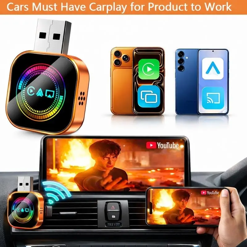 2026 4-in-1 AirPlay upgraded version with wired-to-wireless CarPlay adapter, Carplay Converter, fast connection, no delay, hands-free calling, universal charger, CarPlay car accessory, with heat dissipation function
