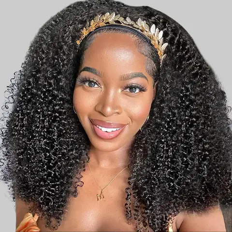 14 Inch Headband Wig Synthetic Hair No Glue Afro Kinky Curly Scarf Wig With Headband 180% Density Glueless Wig Natural Black color Half Wig #tiktokshopbacktoschool