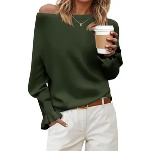 Saodimallsu Womens Boat Neck Batwing Sweaters Dolman Ruffle Long Sleeve Off Shoulder Fall Loose Knit Pullover Tops