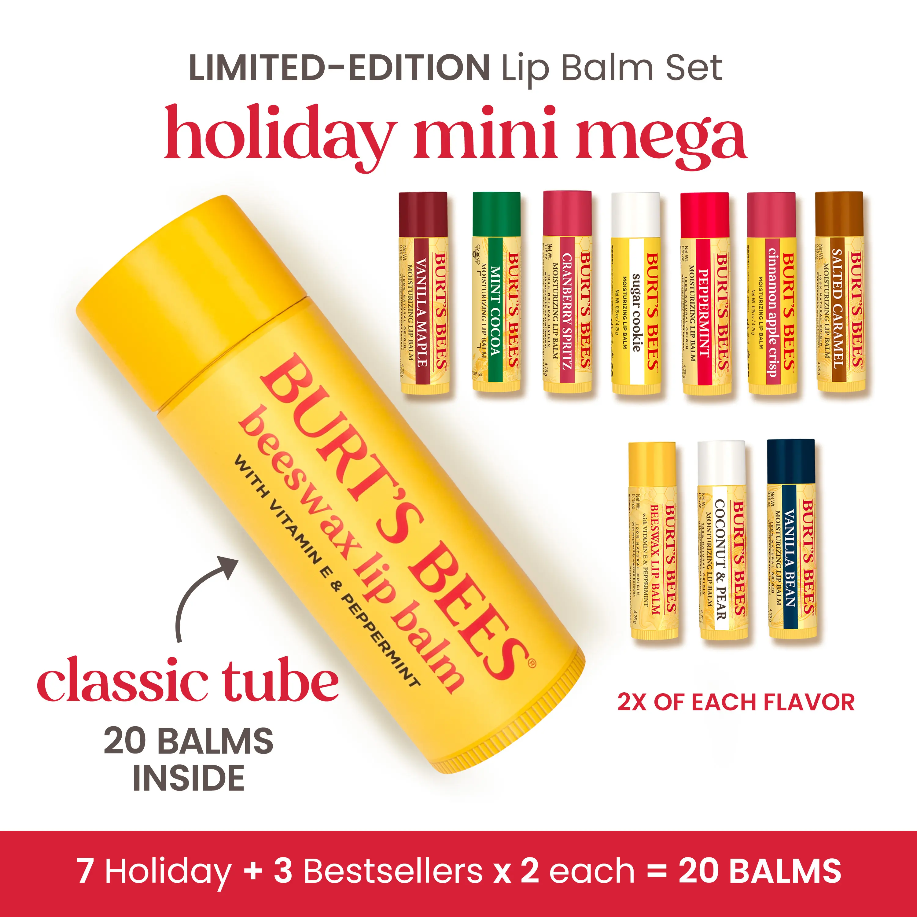 Burt's Bees Limited Edition Holiday Mini Mega Balm | 20 Lip Balm Set in Oversized Container | Hydrating Lip Care Bundle
