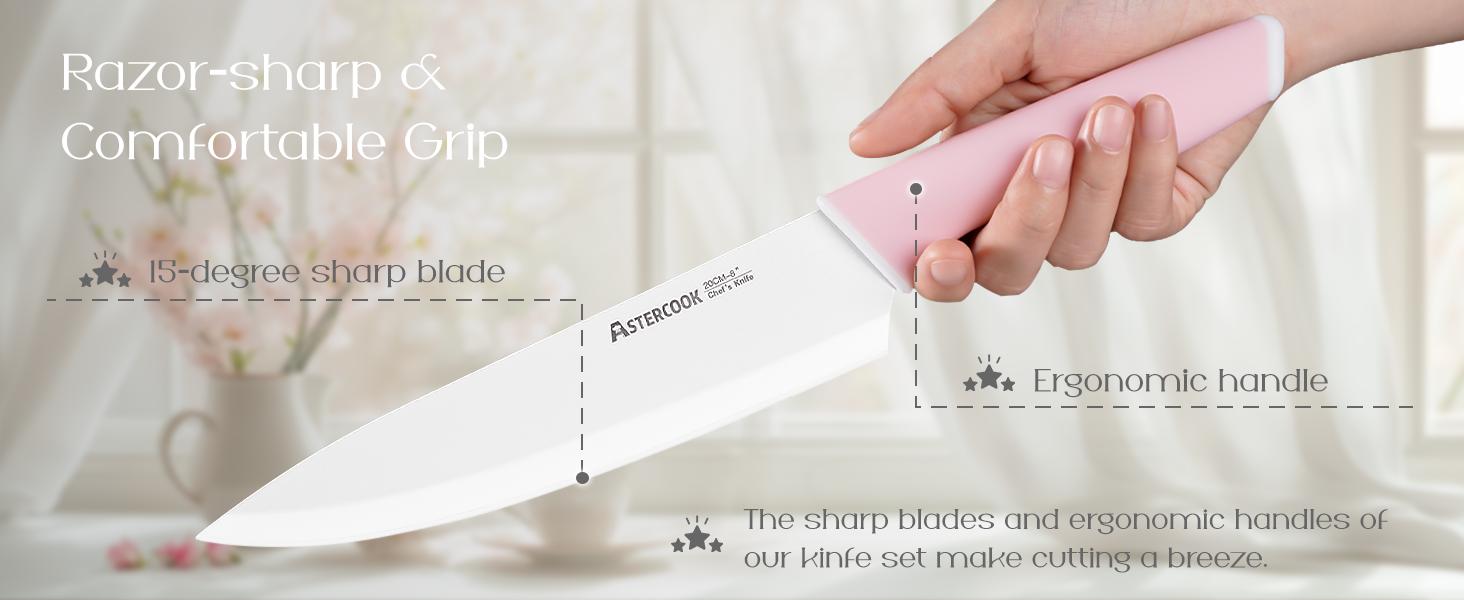 Astercook 14-Piece Professional Kitchen Knife Set – High Carbon Stainless Steel Chef, Bread, Santoku & Steak Knives with Hardwood Block, Ideal Valentine’s Day Gift Pink Wooden