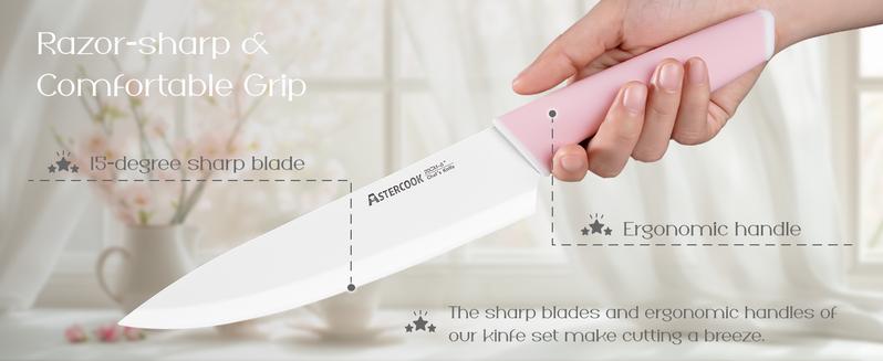 Astercook 14-Piece Professional Kitchen Knife Set – High Carbon Stainless Steel Chef, Bread, Santoku & Steak Knives with Hardwood Block, Ideal Valentine’s Day Gift Pink Wooden