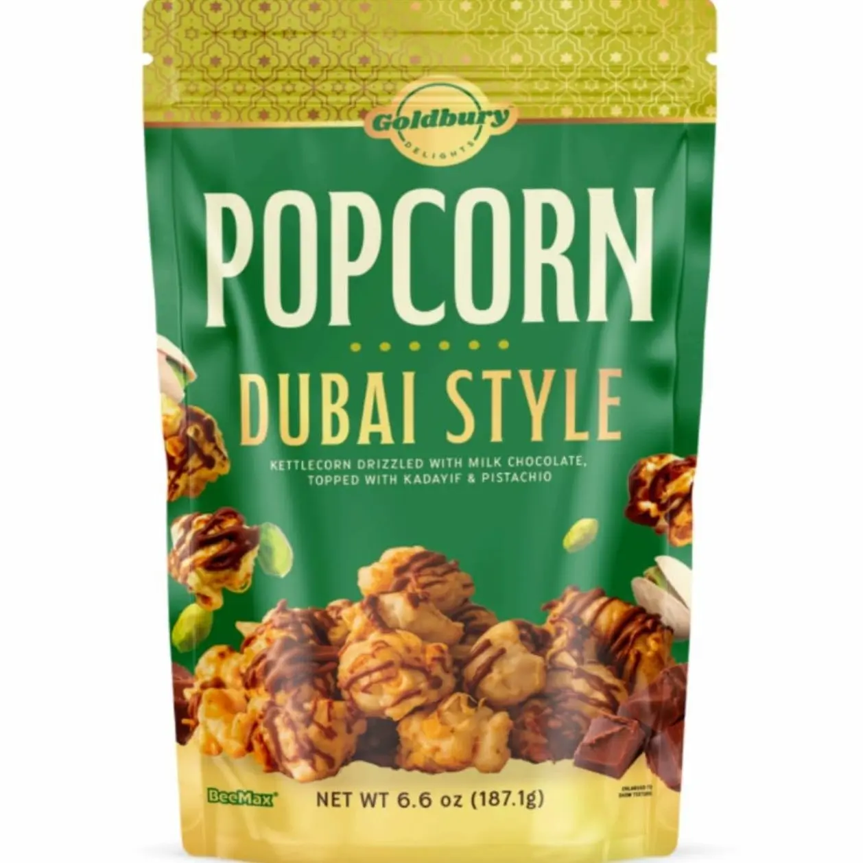 GOLDBURY Delights Popcorn Dubai Style, From Makers of Beemax Chocolate, Milk Drizzled Kettlecorn Layered Pistachio & Kadaif, Gourmet for Snacking, Gifting & More, 6.6 oz Resealable Pouch