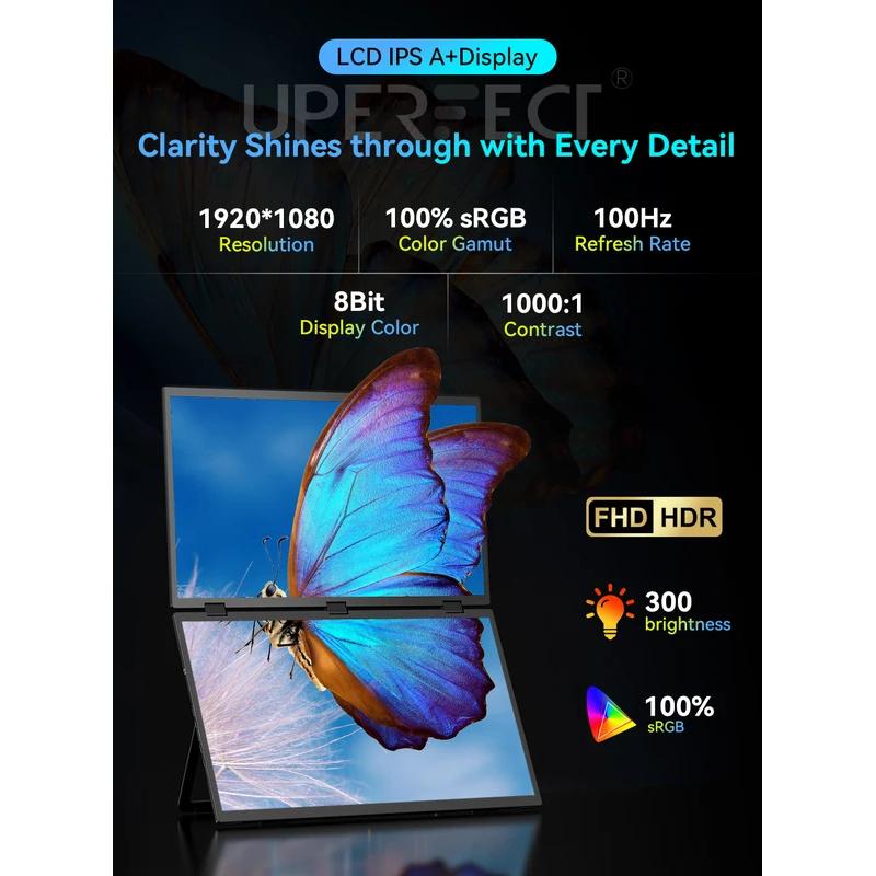 UPERFECT Triple Screen 15.6"/18.5" Portable Foldable Monitor Dual Screen with Stand Extender 1080P FHD IPS for Laptop Windows