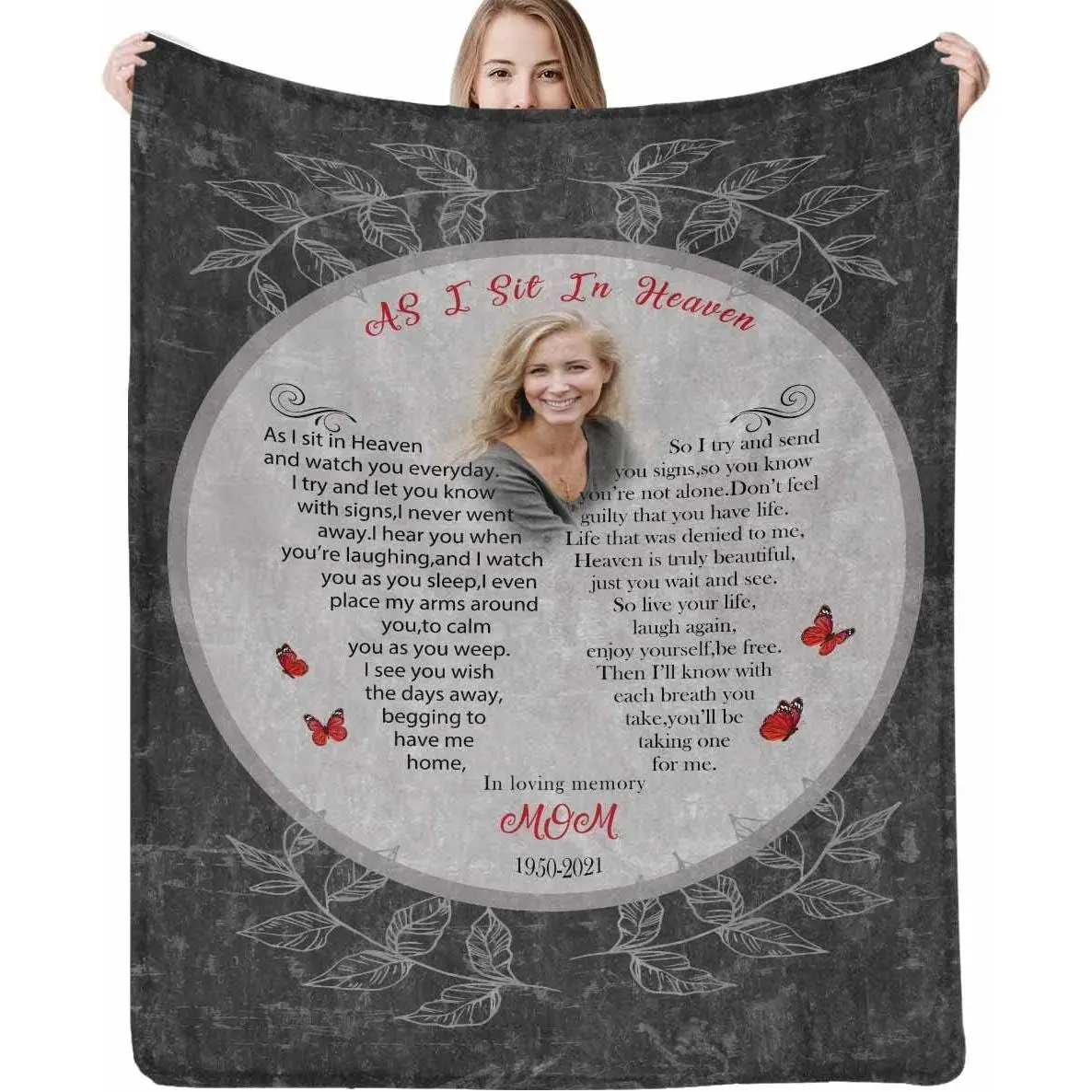 Custom Memorial Blanket & Throws with Pictures, As I Sit in Heaven Sympathy Loving Memory Gifts for Mom, Photo Loss of Mother, Personalized Bereavement, 30''(W) x 40''(L)