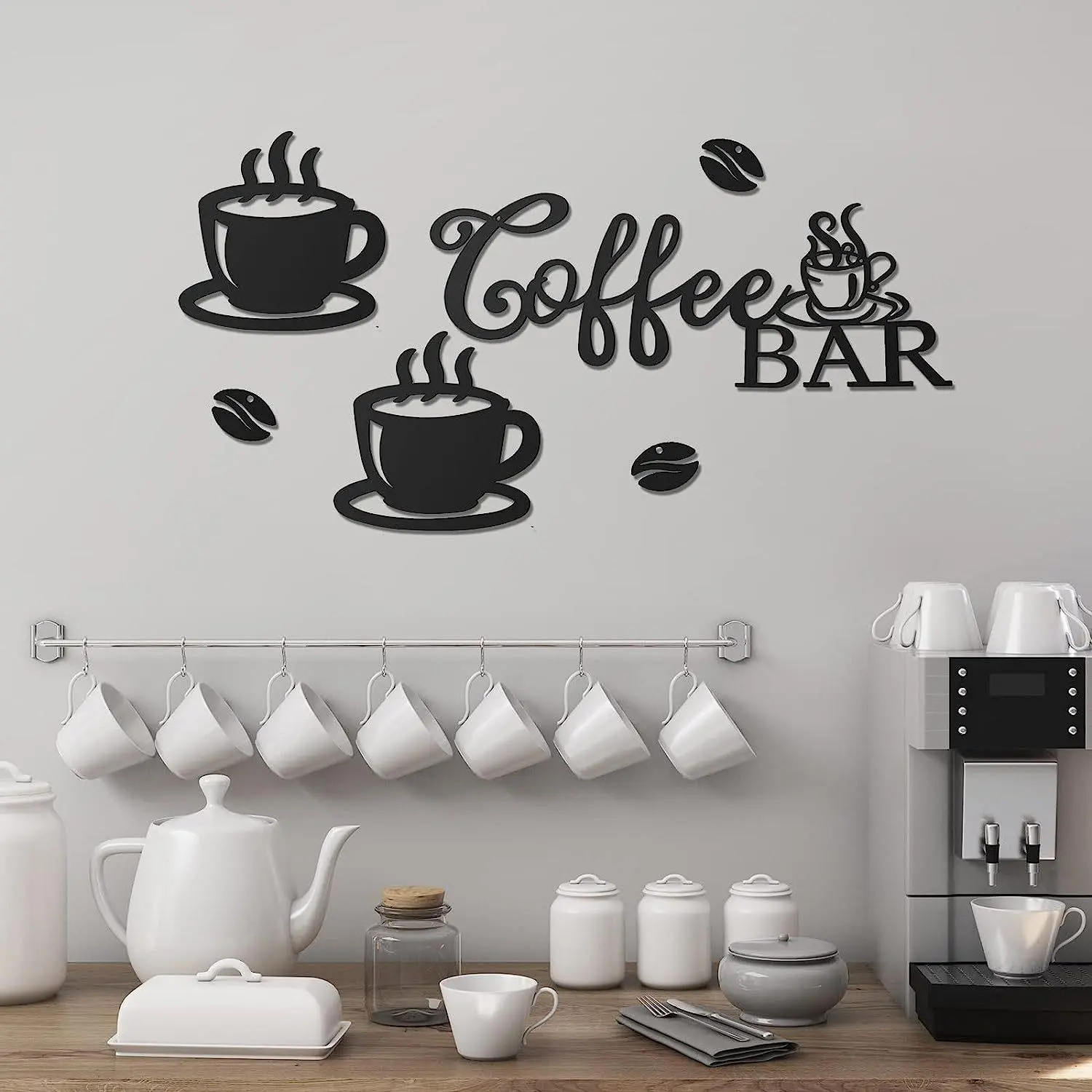 Rustic Metal Coffee Bar Sign - Classic Farmhouse Hanging Artistic Decoration with Coffee Beans, Cups Design, Durable Metal Decor for Home, Cafe, Gift Set,summerwins