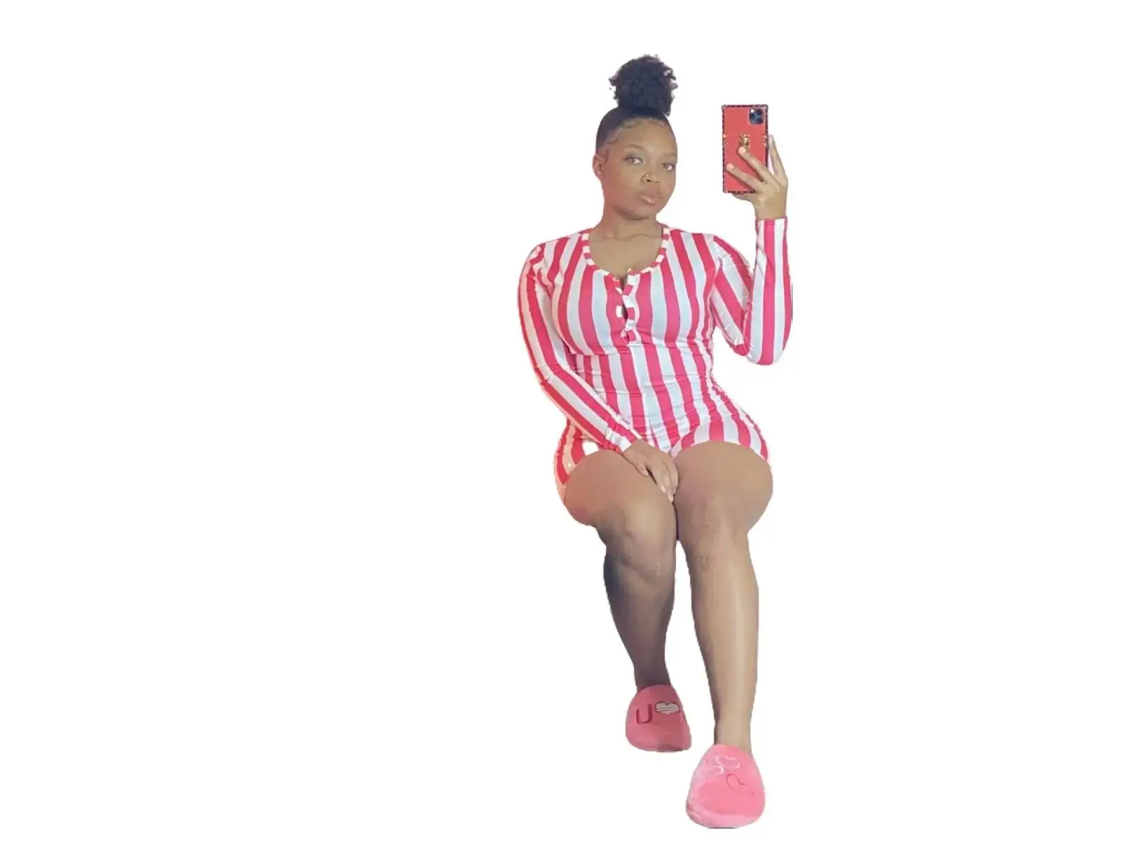 Festive Candy Pink and White Striped Onesie Long Sleeve Fitted Design Striped Fabric Polyester for Women Ideal for Holiday Celebrations Soft Super Stretchy Cotton-like Fabric Nightwear Loungewear