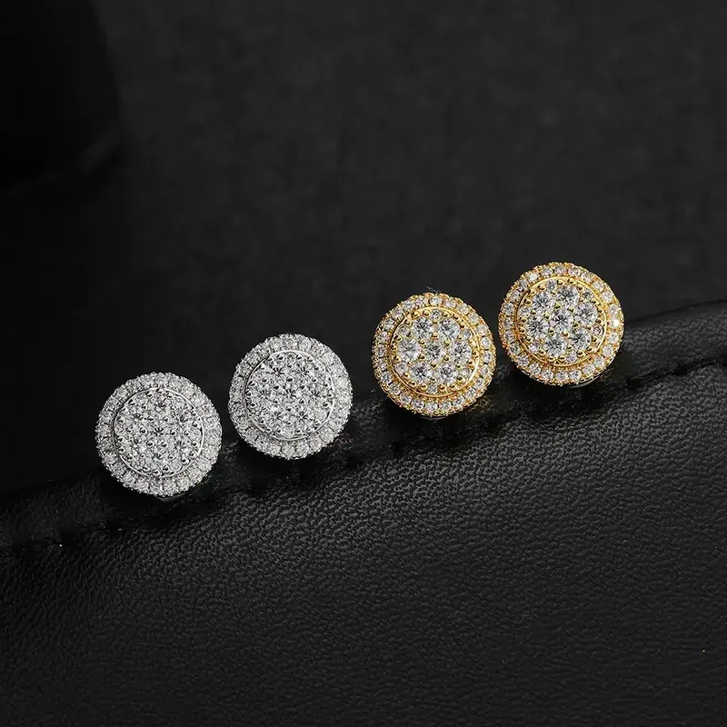 10mm Iced Out CZ Stud Earrings for Men, Hip Hop Round Circle Star Halo Earrings, Micro Pave Zircon 14K Gold Plated Nickel-Free Gift