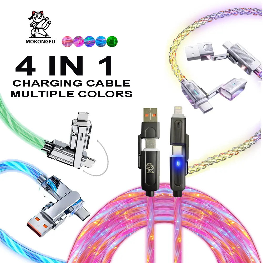 Mokongfu 120W 4-in-1 Charging Cable | Blue/Green/ Color-Change Braided Design & Constant Rainbow LED Fast Charging | High-Speed Charger with USB A/Type C | 3ft/4ft/6ft/10ft Lengths | Compatible with iPhone 14/15/16/17 iPad/Samsung Electronic Smartphone