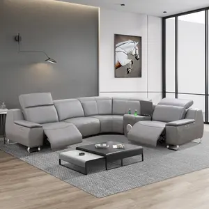 Dark Grey Top Genuine Cowhide Leather 5-Piece Multifunction Living Room Sofa Set