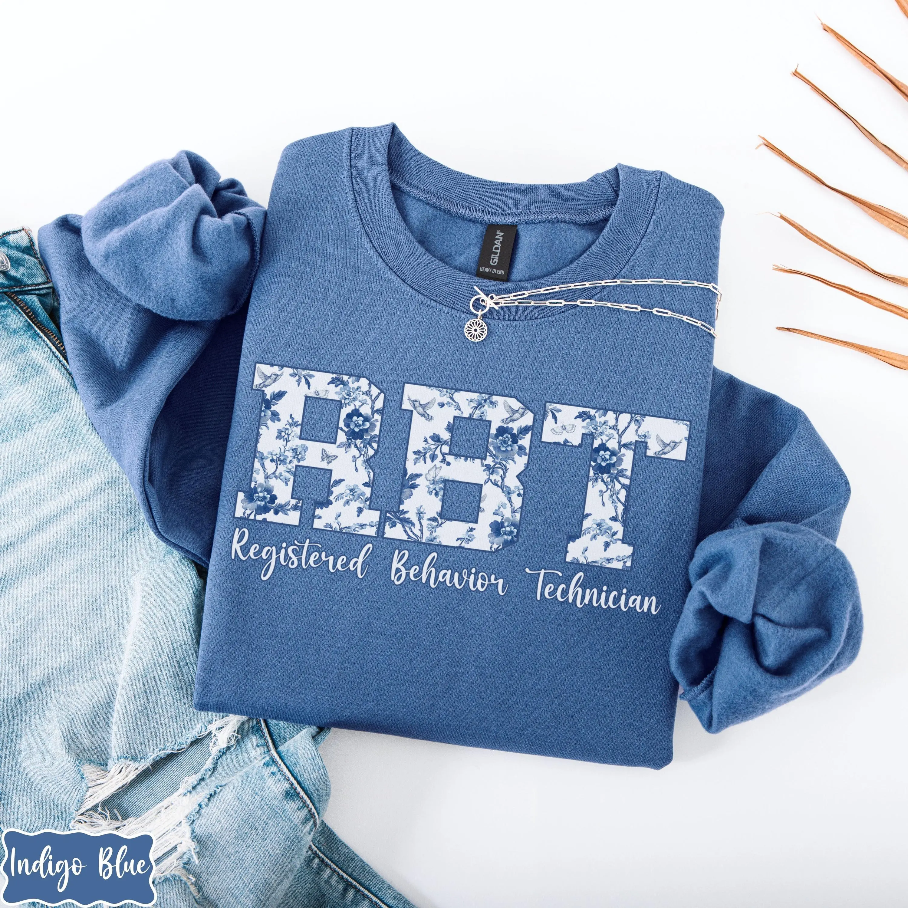 RBT Floral Short sleeved T-Shirt Or Sweatshirt , Blue Toile Wildflower ABA shirt, Registered Behavior Technician T-SHIRT, Speech Therapy Analyst, RBT Behavior Therapist shirt
