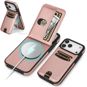 SkyEagle Compatible with Magsafe for iPhone 17 Pro Max Wallet Case Card Holder,Kickstand RFID Blocking Flip Cover Credit Card Slots PU Leather Men Women,Phone Case for Apple 17 ProMax,Rose Gold