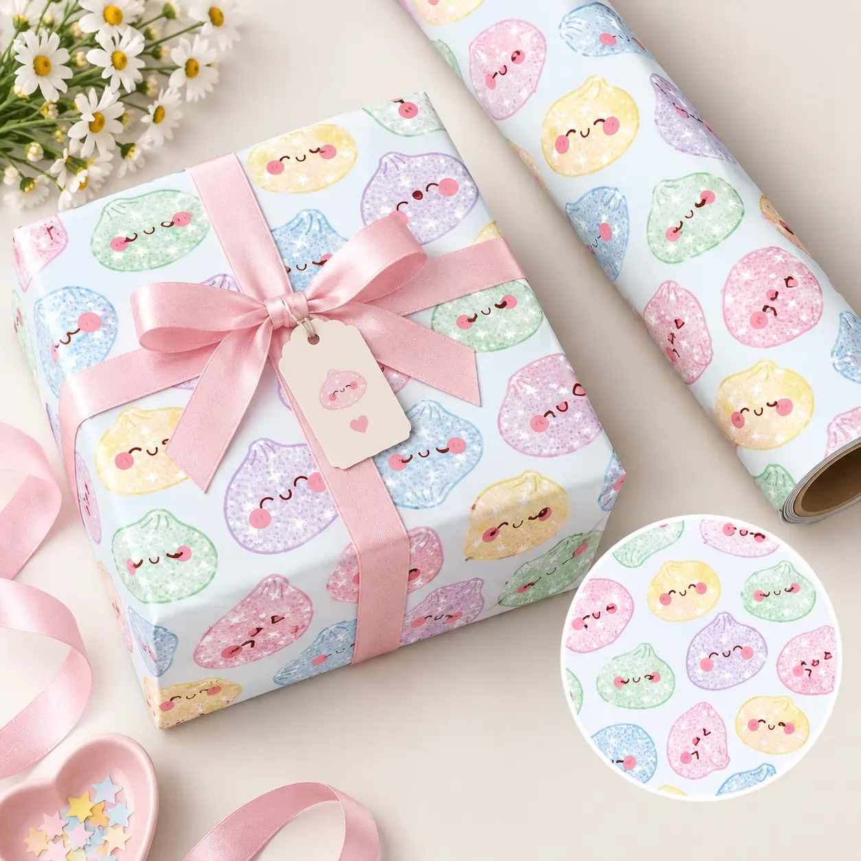 Pastel Dumpling Wrapping Paper – Cute Cartoon Gift Wrap with Smiling Dumplings & Hearts, Whimsical Kawaii Packaging Sheet for Celebration Presents